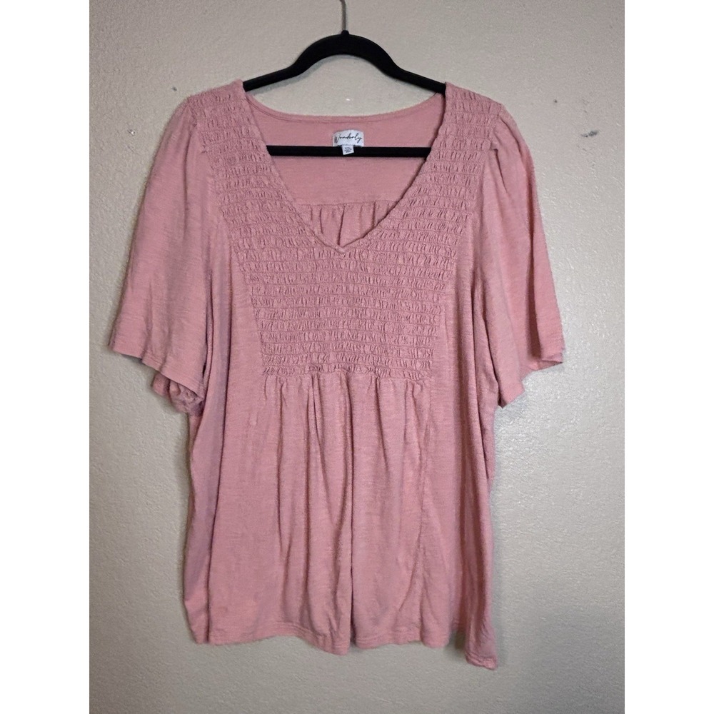 Wonderly XXL Plus Size Top Blouse Pink Shirt-sleeve Smoked‎  v-neck babydoll EUC